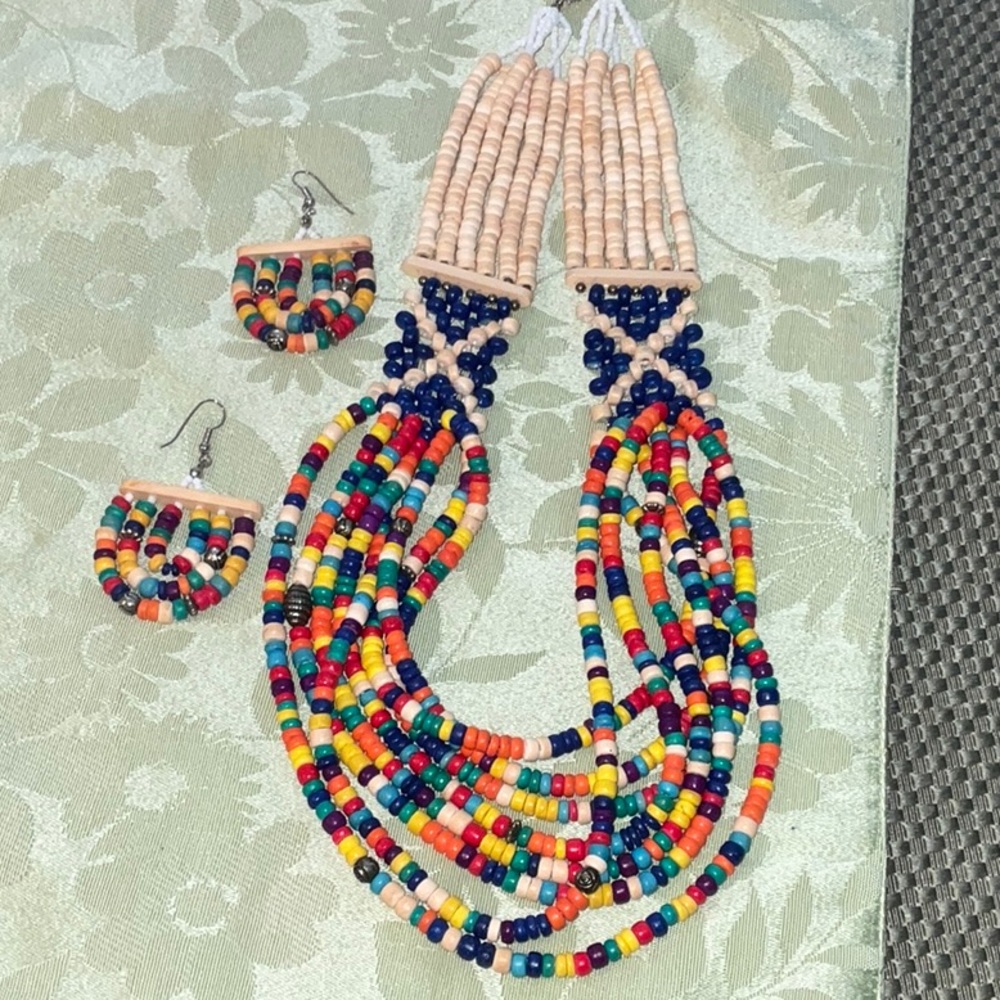 Colorful Beaded necklace and pierced dangling earrings.